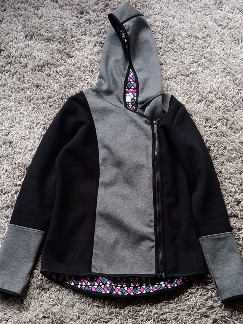Hatley Gray and Black Zip Hoodie with Patterned Inner Trim